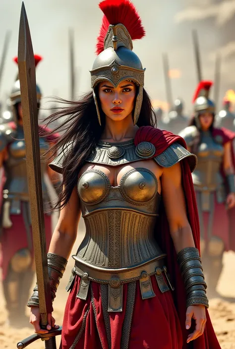 A female warrior, hyperrealistic, in full ancient Greek/Roman style armor and helmet with a  raised, red plume.  She holds a large, ornate sword. The warrior has long, dark hair flowing around her, skin is tan toned,  and she has a serious, determined expr...