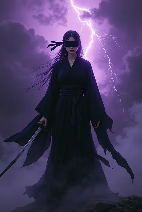  a woman with four arms blindfolded in a black ponytel holding a Japanese sword、 has a Japanese sword、 standing in the middle 、Black kimono、purple thunder and clouds in the background、An aura can creep in 