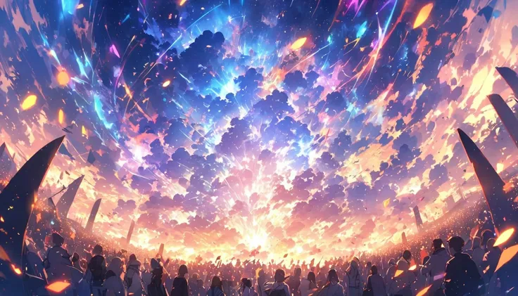 An ethereal landscape where notes and beats take physical form, glowing in the air as people gather and celebrate together.