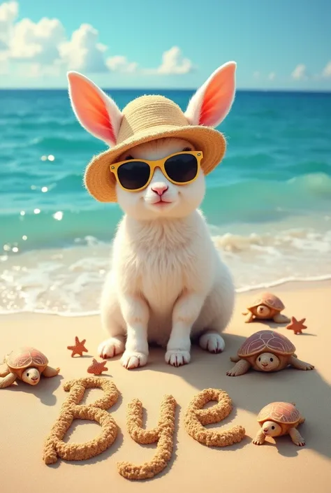 Une mignonne petite chèvre avec un chapeau et des lunettes de soleil qui est sur une bouée dans la mer avec des tortues de mer et des poissons. Sur la plage, il est écrit « Bye » dans le sable avec des coquillages.