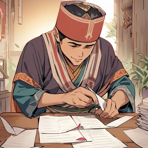 a guy writing a love letter using paper and feather wearing traditional clothes of mindanao make it cartoonic