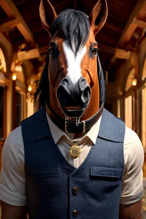 Super Detailed, High Quality, Masterpiece, adult Clydesdale horse wearing a Black security dog vest and Black leather collar with a badge over its body with human eyes, looking at the viewer with mesmerizing looks, tong out, drooling saliva, 