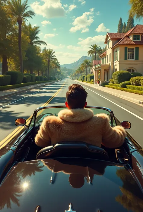 A man sitting in the drivers seat  driving a sports car with a fur coat through the a rich neighborhood cool best quality vivid cool art masterpiece piece of ancient art