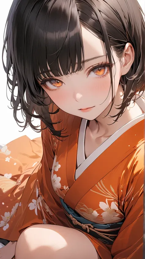 face details,semi realistic, Masterpiece, Master work, perfect proportion, 4K, full body, 1woman,  kimono:1.2, mature body, straight short hair, flat Bangs hair style, mad black colored hair with orange strokes, multicolor hair, soft waves, natural curls, ...