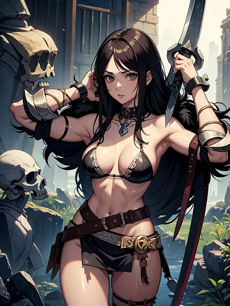 woman、 topless、 Barbarian、Barbarian、Carrying a large axe、Carrying a barbarian sword、Fur mini skirt、 bra made from animal skull bones、Armor made from animal bones