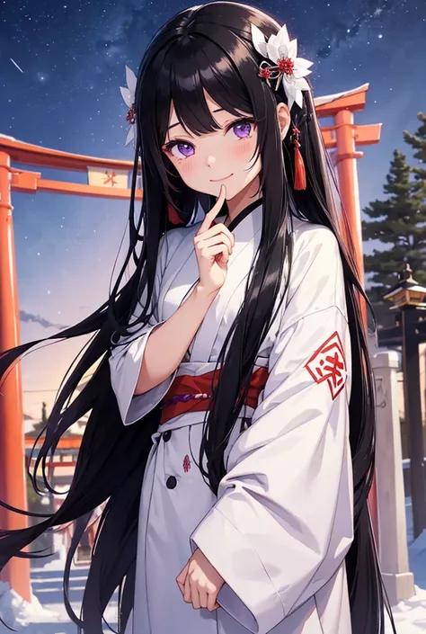 A girl with very long black hair and purple eyes wearing a white shiromuku with 3 layers that covers her whole body  and red juban underneath, Kanzashi, Smile, Closed Mouth, Tears, the background is a beautiful night sky and fhere is a torii gate in ghe ba...