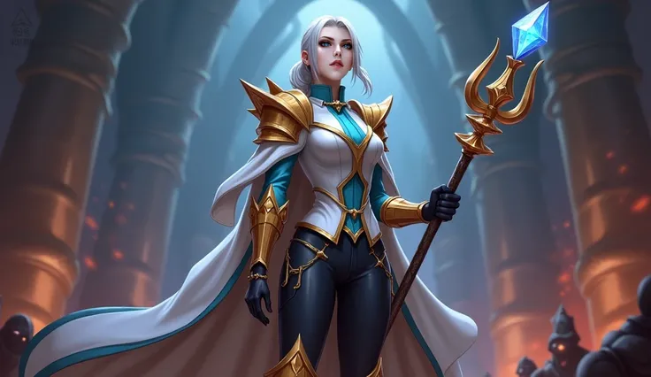 A full body view of Imperial Knightess Silvanna from Mobile Legends with sleek, platinum or silver hair tied back into a polished low ponytail, combining elegance and practicality. The hairstyle features soft, swept-back bangs that gently frame the face, a...