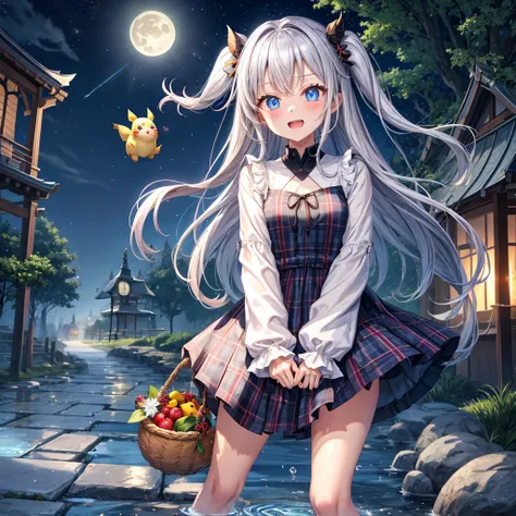 Chestnut Hair、 blue eyes、 with hair tied、Two cute、 plaid miniskirt to make up for embarrassment、 BLACK T-SHIRT、 Long Sleeve 、 light clothing、 dress、 camisole、 high socks、Teeth are visible、The stone is cracked、The road is curved、tree、Mountain々、diagonal、 mon...