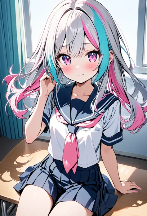 cute girl,cover the ears with the hair, multicolored hair being pink and silver, middle hair,school uniforms,school shorts,sitting,pering girl,