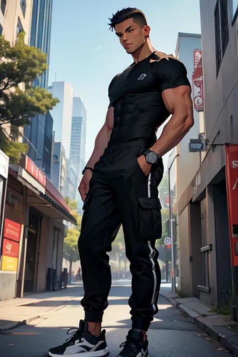 black young man, short black hair, military haircut, tall, swimmer body, abs, camiseta branca, black cargo pants, black sneakers, watch, standing pose, city park background