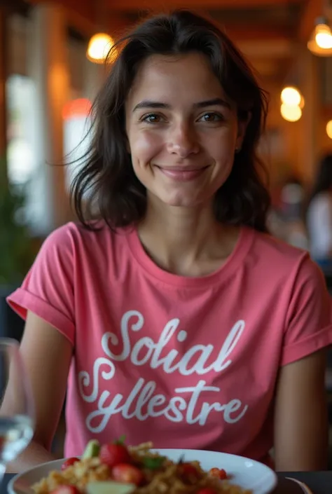 Une jeune fille âgée de 23 ans qui est entrain de fêter son anniversaire le 30 décembre 2024 elle porte un tee-shirt rose et sur son tee-shirt il est écrit Solial Sylvestre. Elle est entrain de fêter son anniversaire dans un restaurant elle est entouré des...