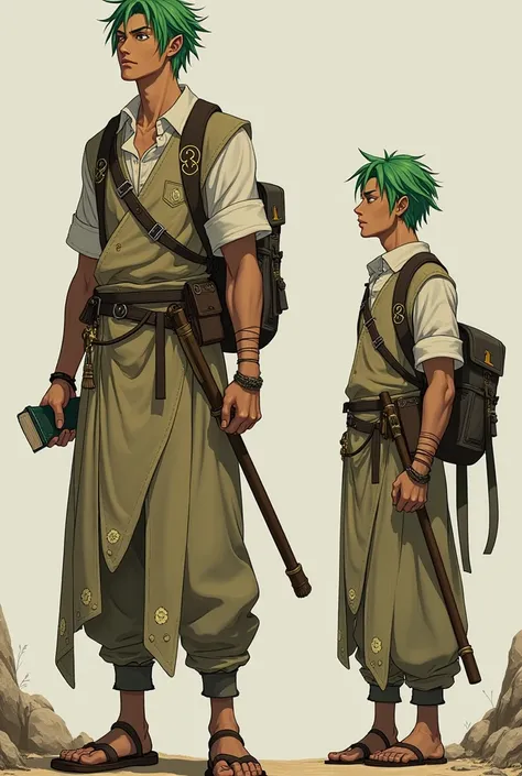 fais moi un haut-elfe avec les cheveux vert un peu comme riveria dans danmachi, et masculin. un petit grimoire dans la main et un sac a dos et des vêtements ordinaires. jaimerais la coupe de cheveux de shin ei dans 86. fais 2 pose différentes. jaimerais au...