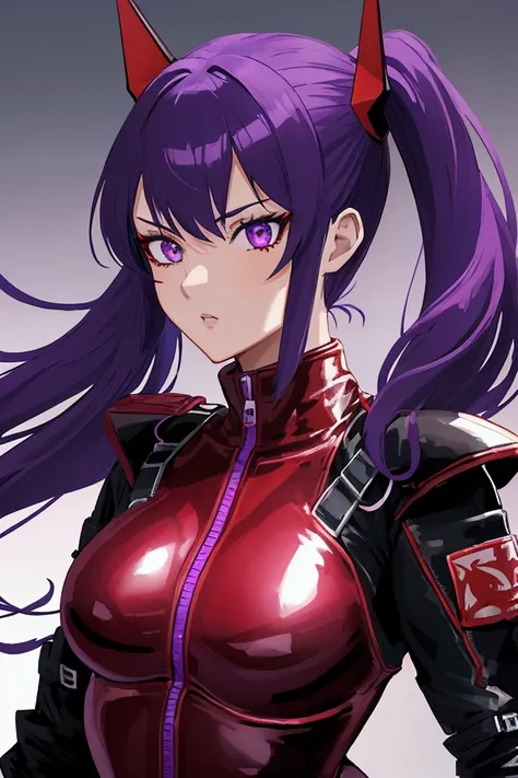 only 1girl, beautiful anime fighter girl, red and black leather catsuit, dark green shoulder pads, cool ace pilot with mesmerizing detailed purple eyes, detailed purple hair, extremely detailed face, 8k, extreme detail description, professional, vivid colo...