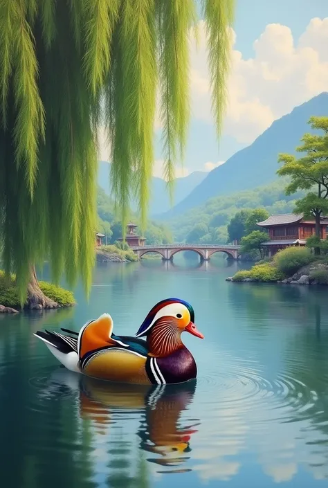 A hyper-realistic oil painting of a close-up of a mandarin duck swimming near a weeping willow in a pond landscape. The background contains a serene landscape with mountains, a bridge, and buildings. The water is calm and reflects the sky and the trees. Th...