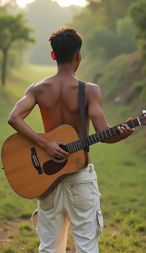 " A young Indonesian man with his back to the camera ,  stands relaxed while playing an old acoustic guitar . He is not wearing a shirt ,  wears only white color pants that are worn out and torn in parts .  The background is a simple rural atmosphere with ...