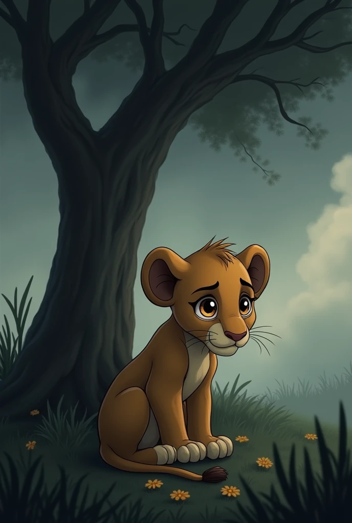 A sad, lonely lion cub sitting under a large tree in a quiet forest. The cub looks small and helpless, with big teary eyes and drooping ears. The background features a cloudy sky and a slightly dark atmosphere, emphasizing the cubs sadness