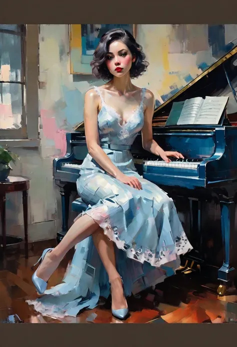 Create a contemporary portrait of a  beautiful woman in a white lace dress playing the piano in the expressive and painterly style of Malcolm Liepke, utilizing a palette of light pink, muted blue, dark grayish blue, bright blue, very dark gray, and light g...