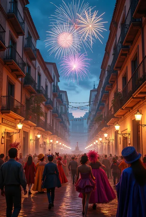 carnaval night street in spain, down perspective images, and fireworks in the sky.