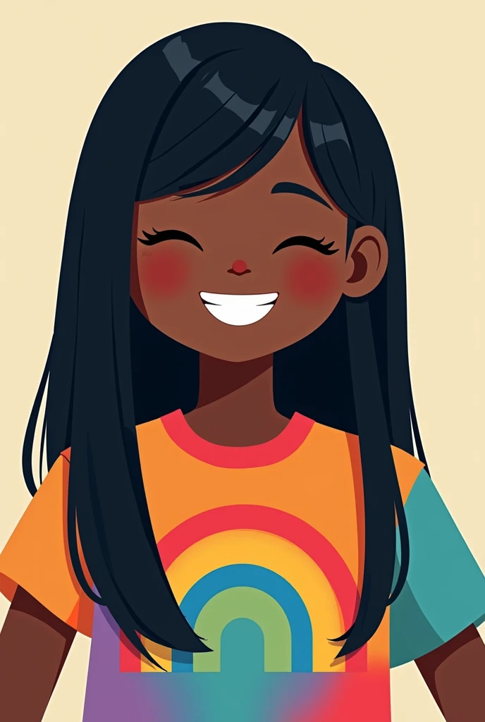 Make a Goto Roblox style ,  ,  large black straight hair , black skin,  colorful t-shirt with rainbow colors, with eyes closed, and smiling