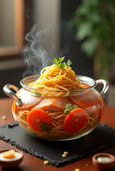 glass hotpot with spaghetti noodles fish and vegetable patties 