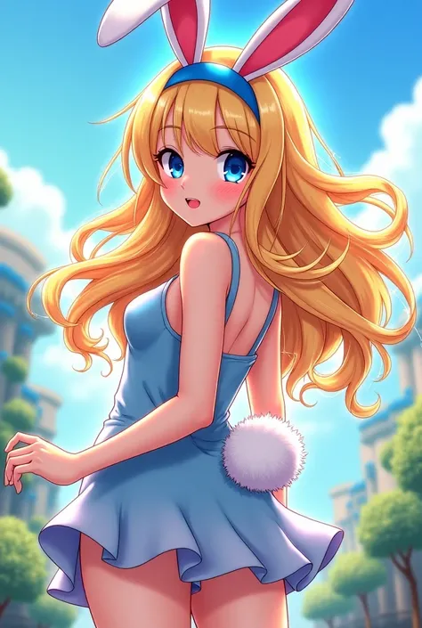  A female Playboy bunny.  blonde hair ,  blue eyes.  blue bunny ears headband  & A rabbit tail . in anime style!