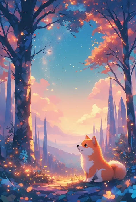 Cute Shiba Inu puppy, Surrealistic, Geometric Patterns, Pastel Tones, a starry night sky over a quiet forest, the Milky Way stretching across the heavens, faint fireflies glowing between ancient trees.