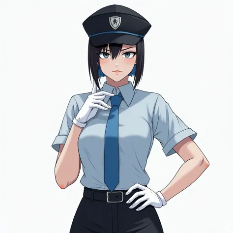 A single femboy、short shaved sides hair,Black Hair、 alert、white gloves、light blue short sleeve shirt、 blue tie 、 black pants、Restricted cap