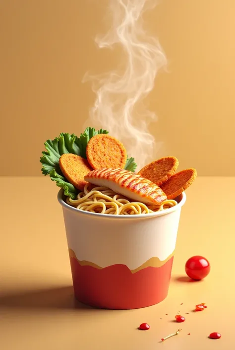 Paper cup hot pot with noodles, fish and vegetable patties, 2D