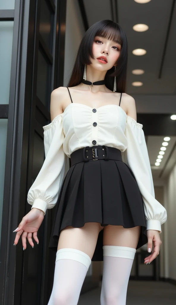 16K quality， ultra-realistic style ，Photograph a woman standing in a frontal position，over the knee white long socks， cold expression ，Spread your hands out， Full Body Photo ， sexy figure， a woman in a stylish off-the-shoulder white dress， Short black skir...