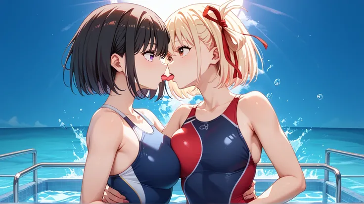 {{{masterpiece}}}, {{{best quality}}}, {{ultra-detailed}}, {illustration}, {{an extremely delicate and beautiful}},{{2girls}},inoue takina, long hair, bangs, black hair, purple eyes, bule competition swimsuit,nishikigi chisato, short hair, bangs, blonde ha...