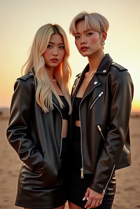 blond blond and a man in a black leather jacket and skirt, kda and sam yang, jossi of blackpink, jia, roseanne park of blackpink, 💣 💥💣 💥, 👰 🏇 ❌ 🍃, profile pic, smooth in _ the background, ny, in style of terry richardson, by Gawen Hamilton, 😭 🤮 💕 🎀, music ...