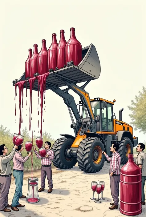 The drawing only outlines a bulldozer that lifts a load of demijamas with the tap and underneath are the people who fill the glasses from the wine that comes out