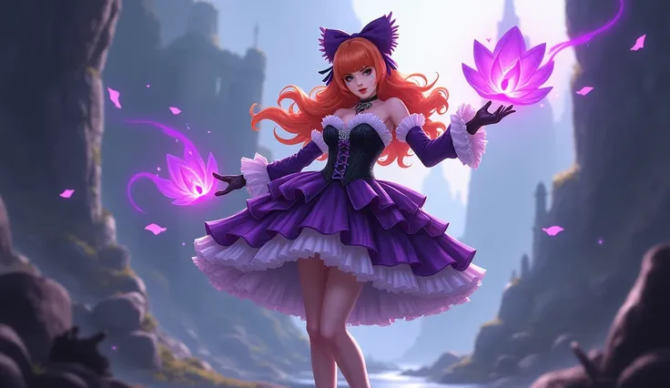 A full body view of Ms. Violet Guinevere from Mobile Legends. She has long orange hair styled in intricate waves, adorned with a big purple hair bow on the back of her hair. She wears a frilly, layered gothic lolita dress in shades of purple, with a black ...