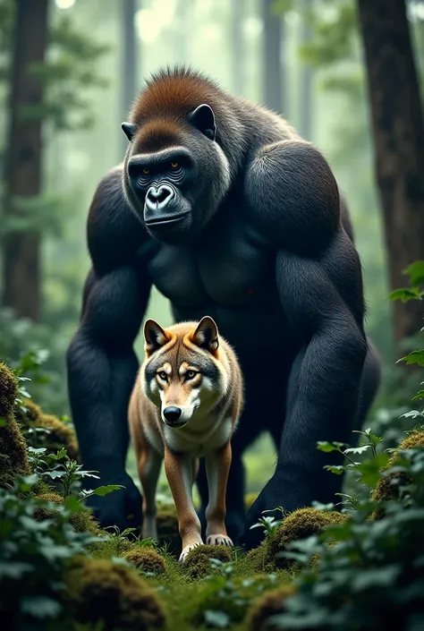 Criand a a imagin ultrarrealista 9:16 dand a  (wolf) and a  (gorilla) in [forest] imagin in jpg