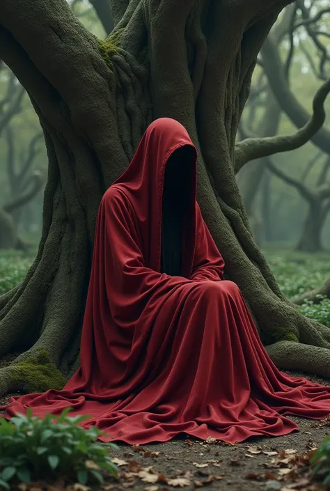 A red man with a red hood and no face sleeps against a tree in a forest.