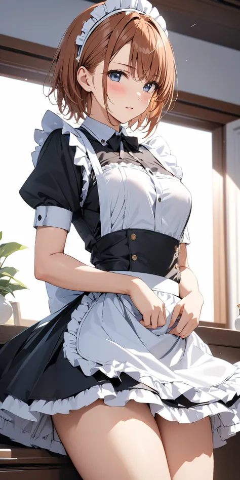  maid clothes, whole body, blush,  Lift Skirt , (Misaka Mikoto), masterpiece:1.5, masterpiece, highest quality, UHD, retina, masterpiece, accurate anatomy, super detailed, high quality, best quality, 8k