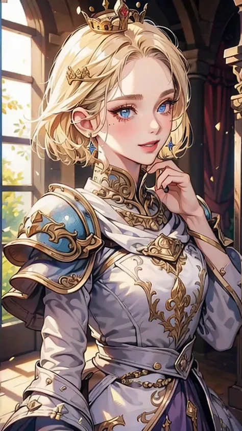 8k, masterpiece, best quality, highly detailed, 1 girl, human, cleric, short hair, bob hair, blonde hair, earrings, blue eyes, red eyeshadow, long eyelashes, winking, playful demeanor, blushed cheek, purple lips, mole on face, glamorous, silver armor, clos...