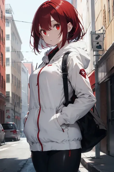 ((Slender body shape))
moderate breast
((Jewel-like red eyes))
((Dark red hair))
((bob hair))
((Large white hooded parka))
Not wearing a hood
Black leggings pants
