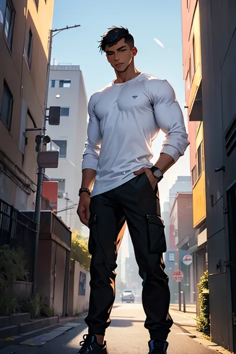 black young man, short black hair, military haircut, tall, swimmer body, abs, long sleeve white t-shirt, black cargo pants, black sneakers, watch, standing pose, city park background, golden light aura