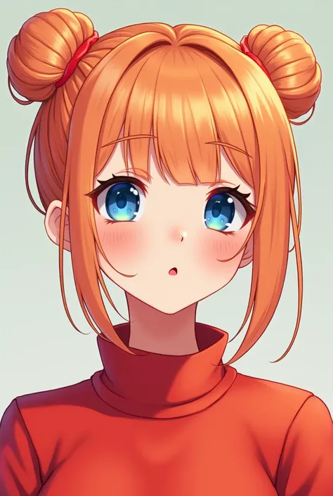 hair color #ffbaab, blue eye, twin small bun hair, cute type girl, red clothes, only the upper body