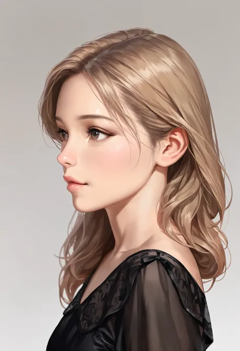 (( best quality, 8K )),   of a young lovely woman, Realistic, side view, portrait,  Super Realistic ,  Highly Detailed ,  Highly Detailed  skin,  high quality ,  black dress