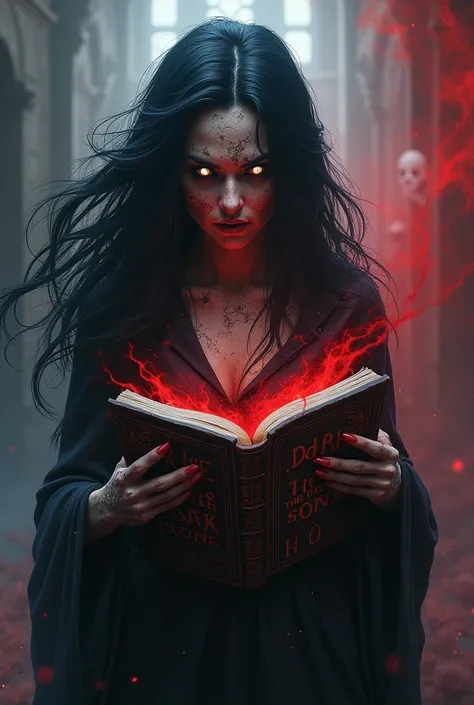 A terrifying female figure blending demonic and supernatural elements, with ashen, cracked skin and glowing white eyes. Her long, floating black hair moves as if alive, and she wears a tattered, shadowy robe. In her clawed hands, she holds an ancient book ...