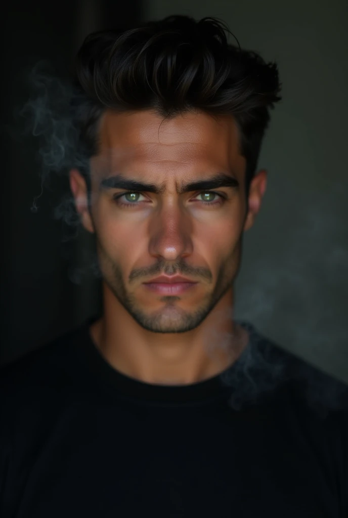  A charismatic brunette of 25 years old with green eyes, in a black T-shirt.  His gaze is heavy and frowning from under his brows  (like Wansday ).  The hair is short and stylish . face is smooth. Thick low-set eyebrows. The background is dark. There is sm...