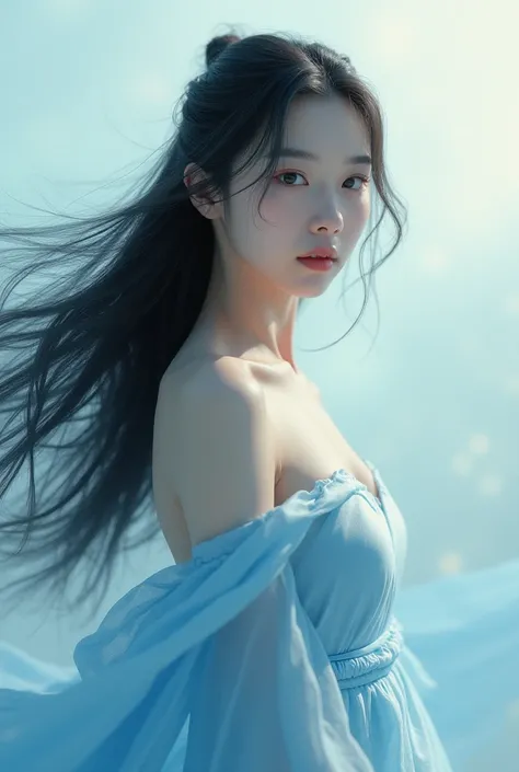 a Korean woman with long hair in blue , wearing a dress