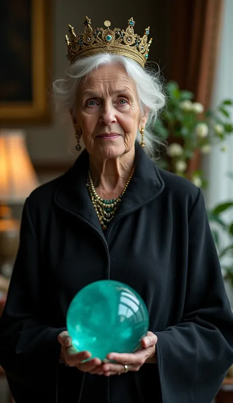 A cinematic photo of an elderly woman with wisdom and mystique, standing in a beautiful room. A beautiful crown on her Head . She is holding a deep-teal crystal ball. The background beautiful flowers and a lamp astalogy. The overall ambiance is cinematic a...