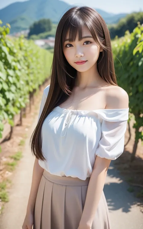 ((Best Quality, 8K, masutepiece: 1.3)), (Sharp Focus: 1.2), Charming vineyards with rows of vines that stretch far into the distance, 1 girl, Full body, stunning elegant pose，Neat and clean beauty, 20 years old, Japanese, Looking away, Classy and elegant, ...