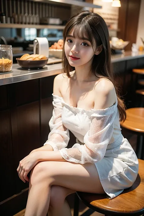 Beatifull girl, brown layer hair, see through bangs, off shoulder dress, black mini skirt, sit on the cafe
