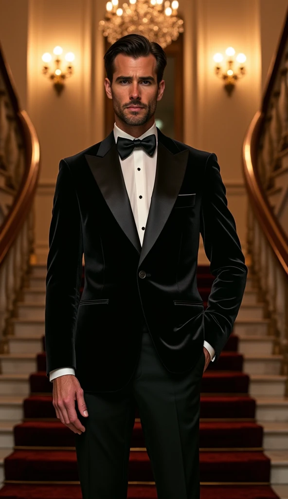 A man standing tall on the grand staircase of a luxurious mansion, wearing a black tuxedo with a satin peak lapel and a silk bow tie. His posture is regal, with one hand resting on the polished wooden railing while the other is placed in his trouser pocket...