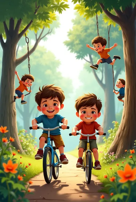 A montage-like image of Ethan and Liam doing various activities, like riding a bike, playing on swings, or climbing a tree.