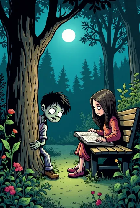 Comic zombie boy hiding behind the tree and human girl sitting on the bench and reading book in the garden at night 